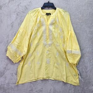 NWT Calessa Womens 3X Yellow Embroidered Tunic‎ Top V-Neck 3/4 Sleeve Light